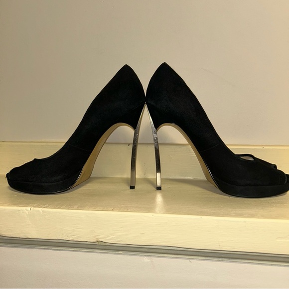 Nine West Leather Suede Open Peep Toe Heels w/ metal heel - Picture 9 of 11